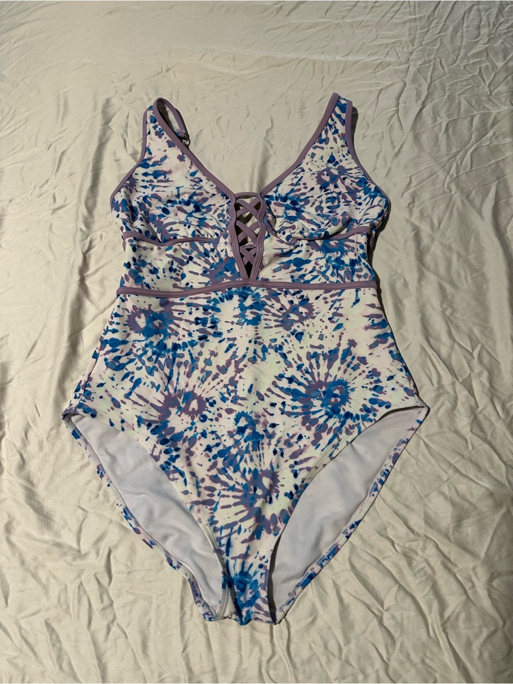 Purple & Blue Tie-Dye One-Piece Swimsuit with Lace-Up Front